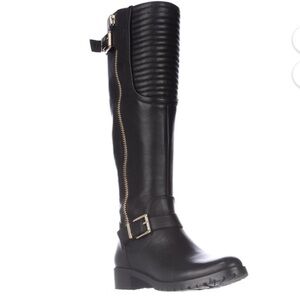 Vince Camuto Jamina black leather boot/ gold accents